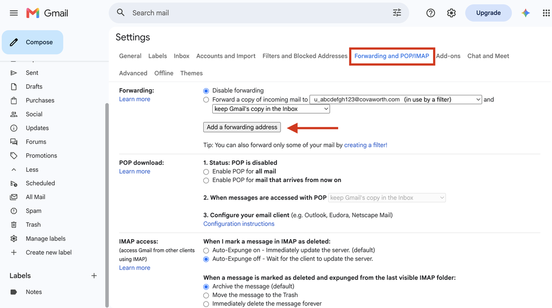 Gmail settings showing the Forwarding and POP IMAP tab with the Add a forwarding address button highlighted
