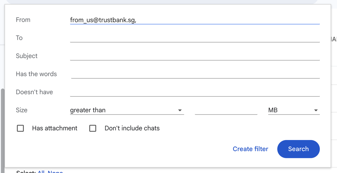 Gmail filter criteria dialog with a bank alert address in the From field