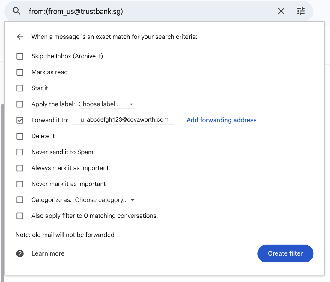 Gmail filter actions with Forward it to ticked and a Cova address selected